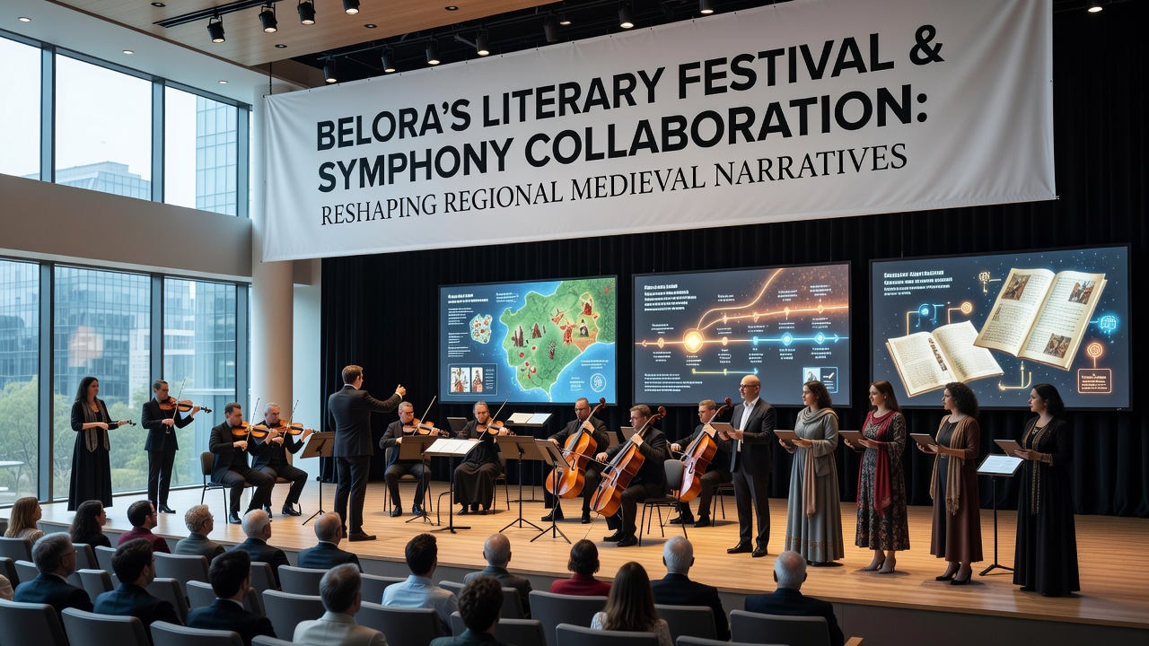 Orchestra members and narrators rehearsing a medieval ballad arrangement at the Belora venue